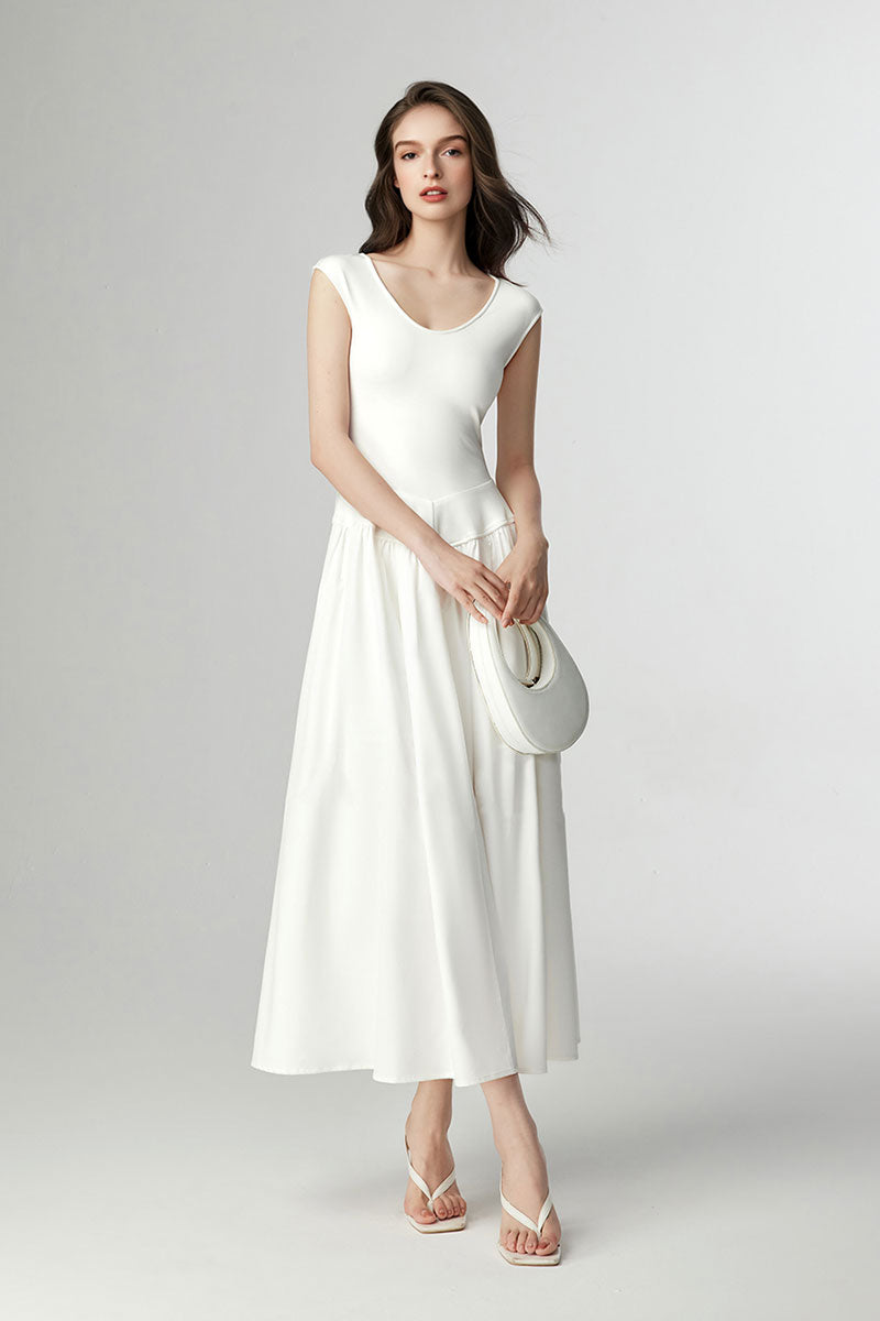 White Fit & Flare Cap-Sleeve Scoop-Neck Midi Dress