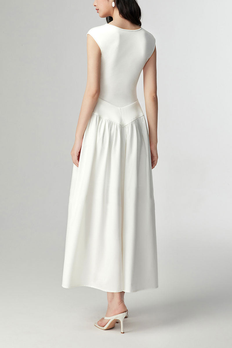 White Fit & Flare Cap-Sleeve Scoop-Neck Midi Dress