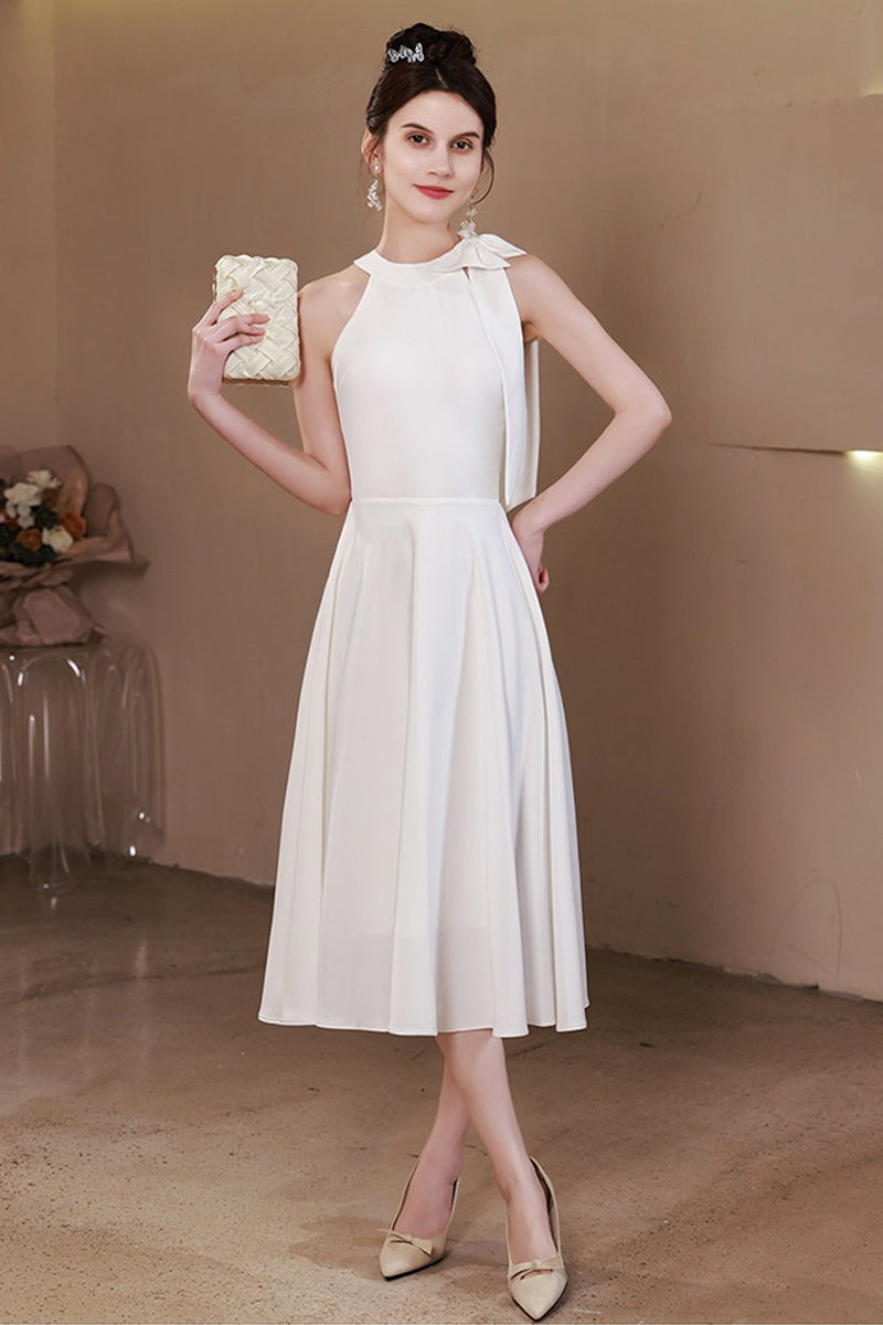 White Halter-Neck Backless Mini Dress With Bow