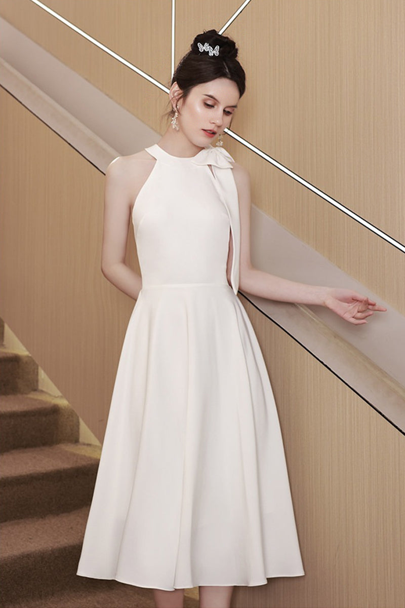 White Halter-Neck Backless Mini Dress With Bow