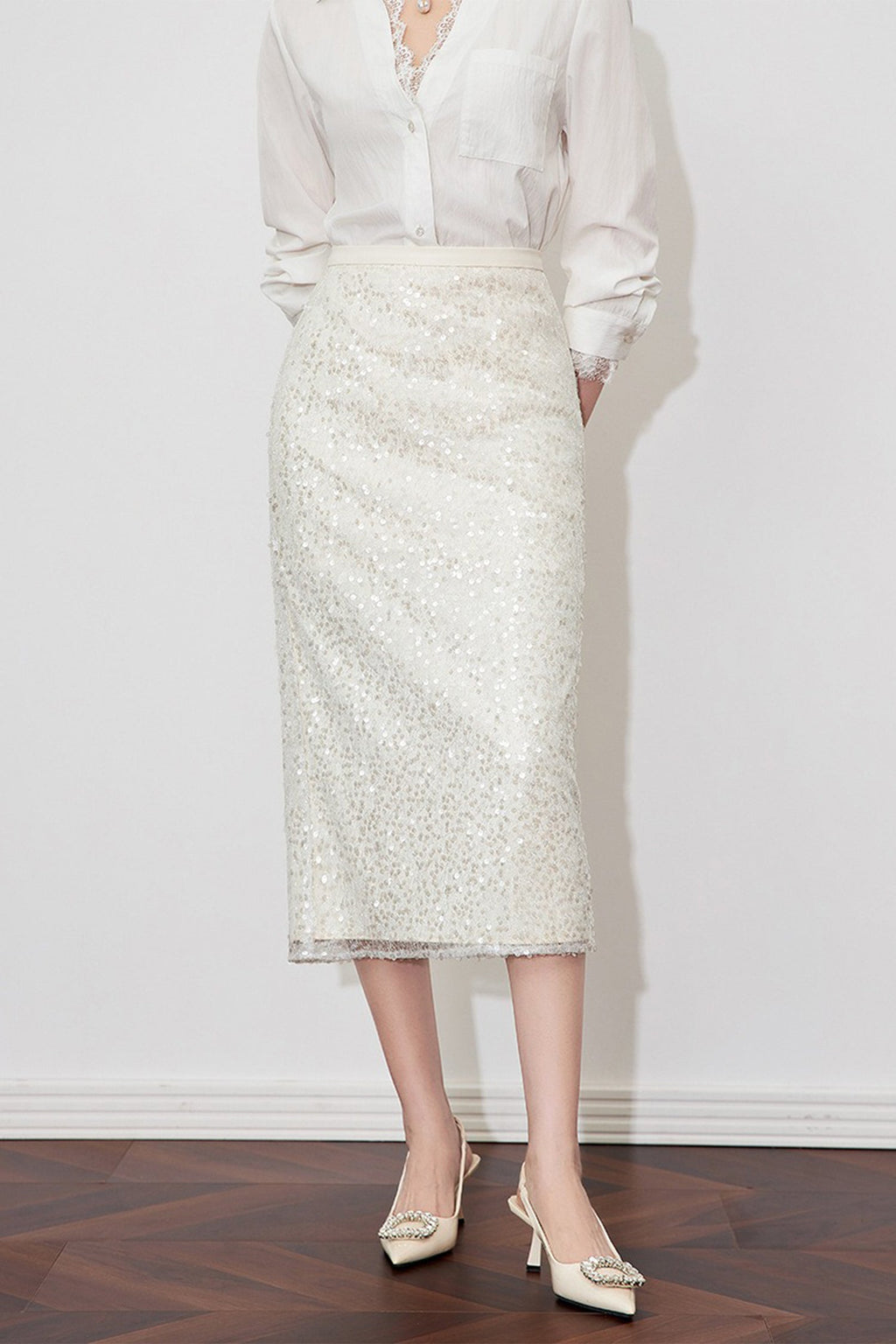 White Lace Sequin Pencil Midi Skirt with Back Slit