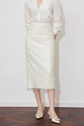 White Lace Sequin Pencil Midi Skirt with Back Slit