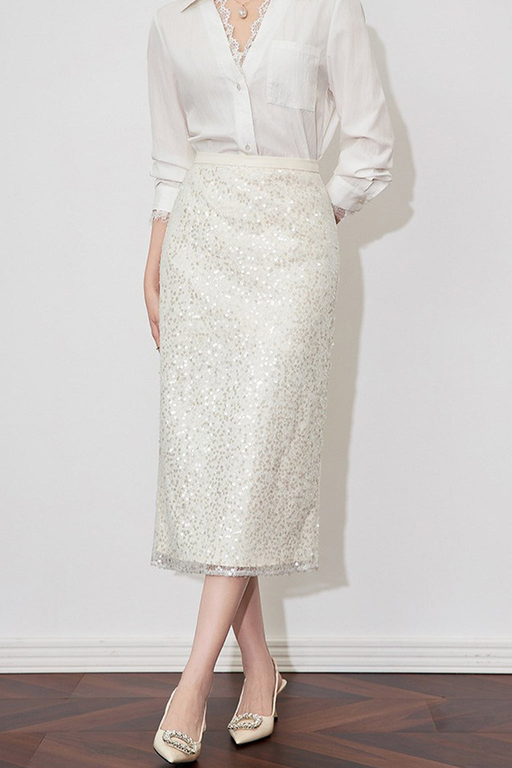 White Lace Sequin Pencil Midi Skirt with Back Slit
