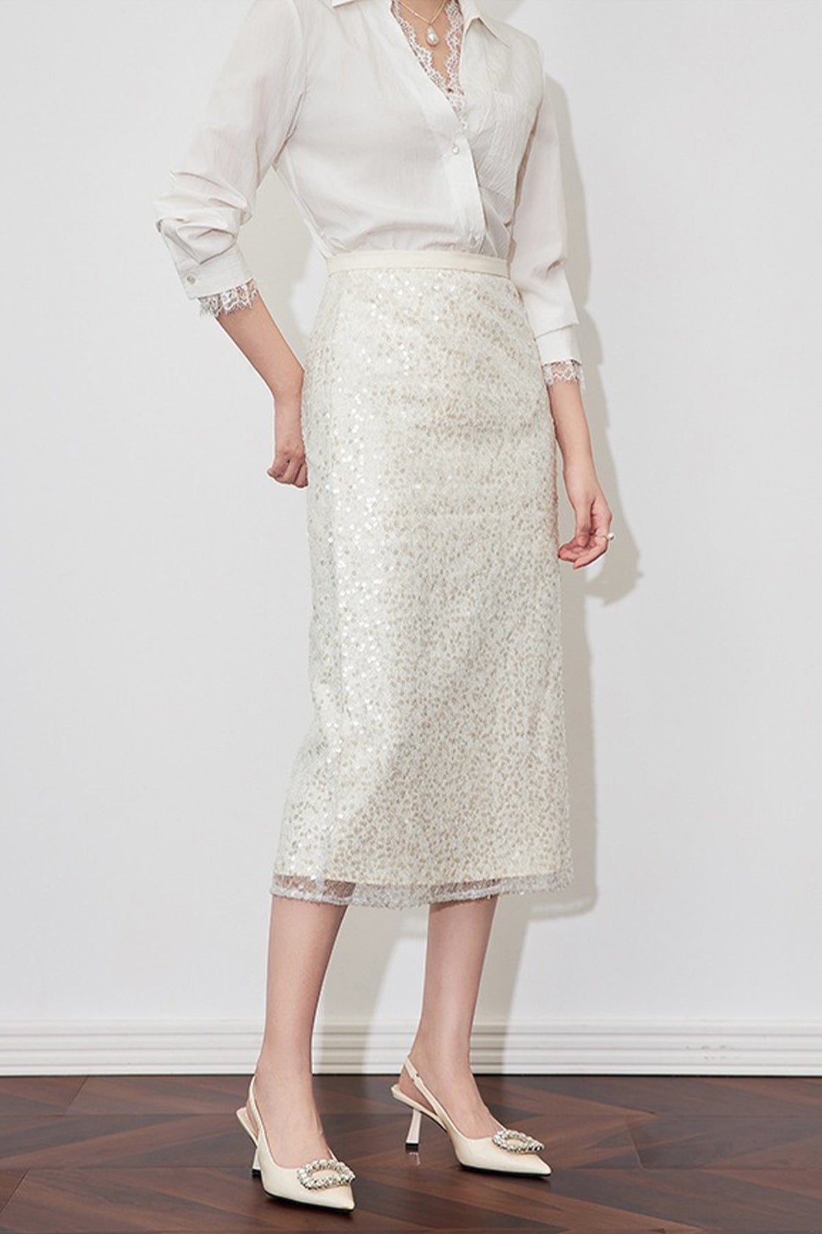 White Lace Sequin Pencil Midi Skirt with Back Slit