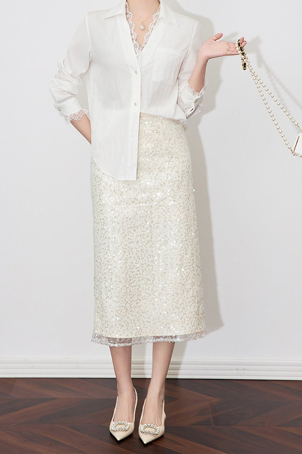 White Lace Sequin Pencil Midi Skirt with Back Slit