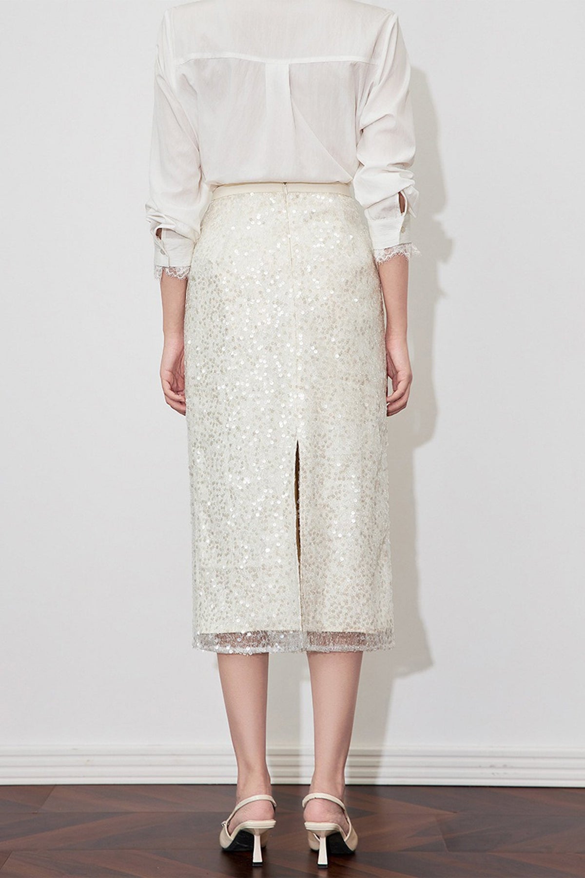 White Lace Sequin Pencil Midi Skirt with Back Slit