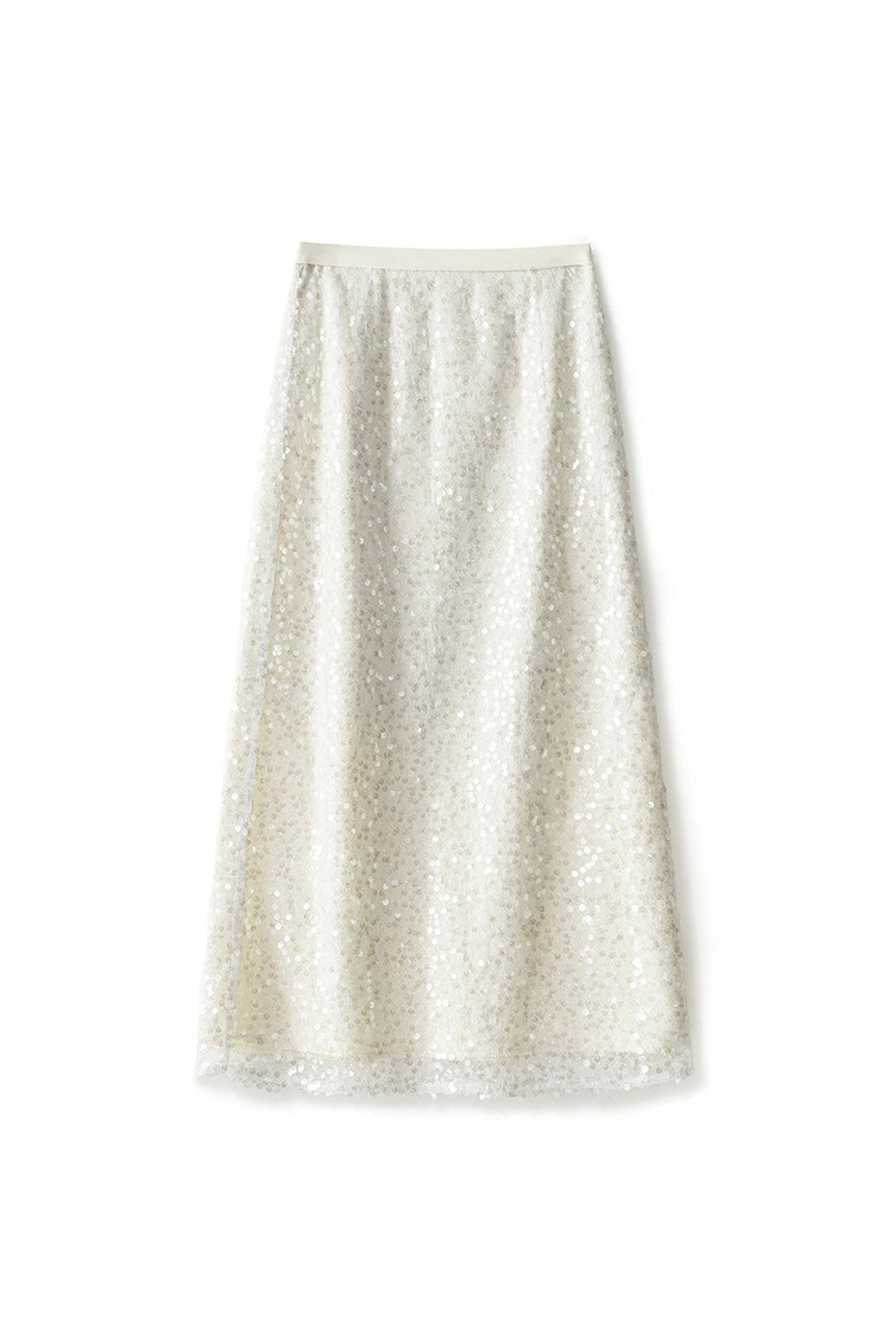 White Lace Sequin Pencil Midi Skirt with Back Slit