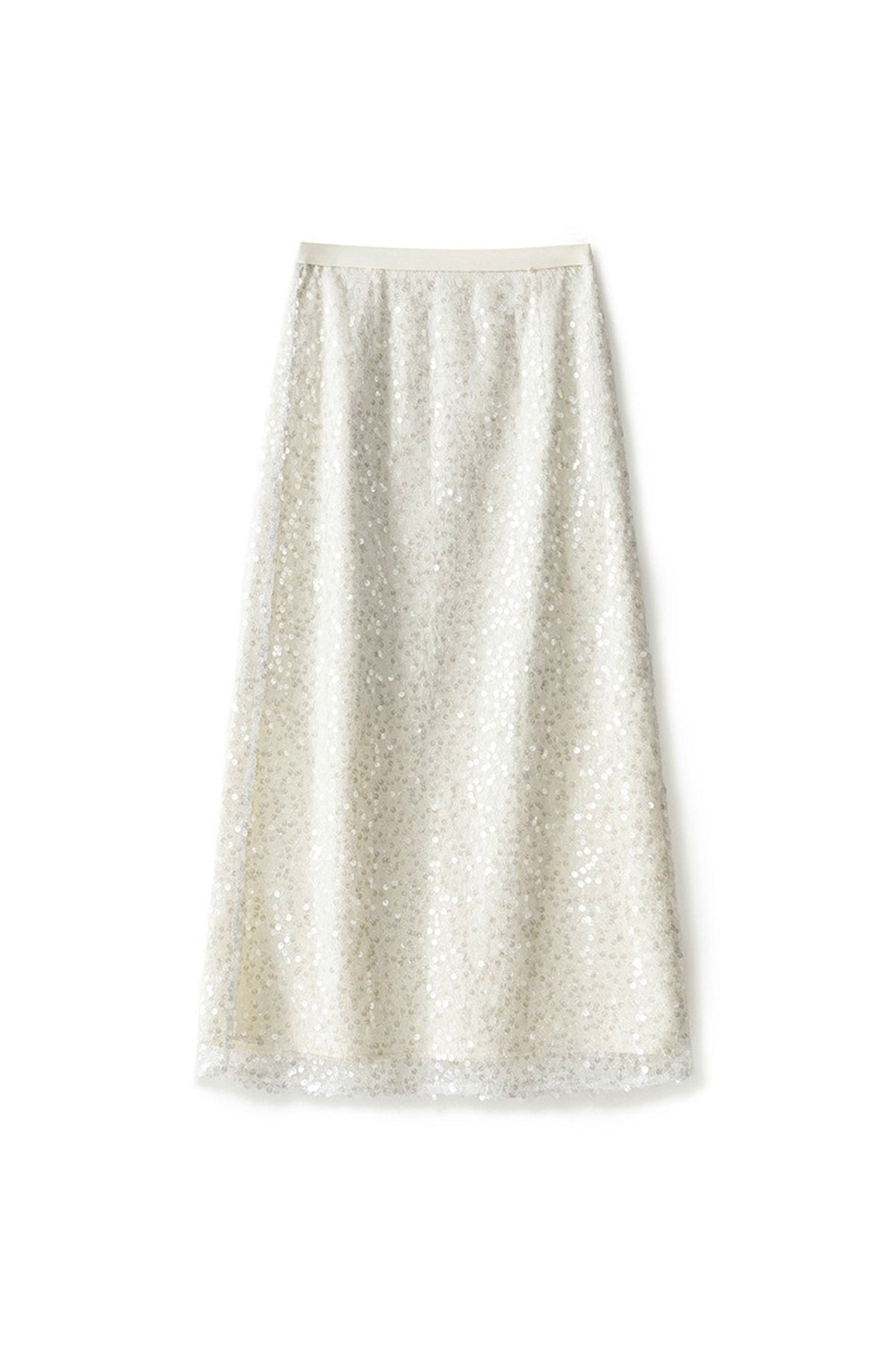 White Lace Sequin Pencil Midi Skirt with Back Slit