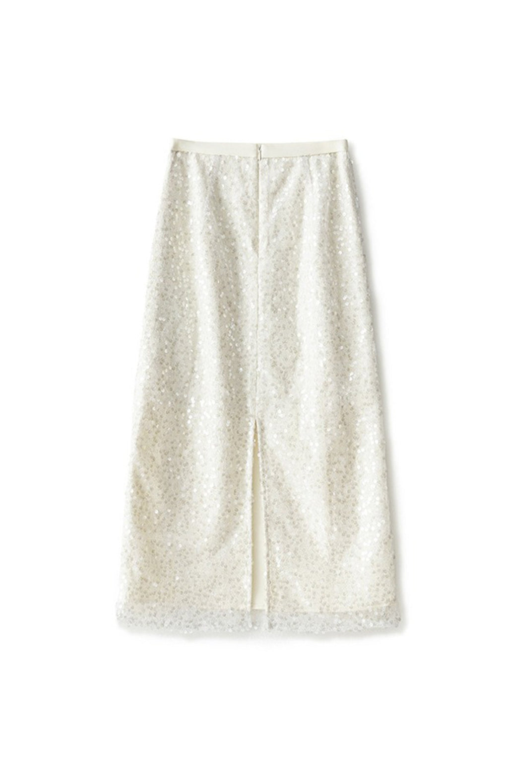 White Lace Sequin Pencil Midi Skirt with Back Slit