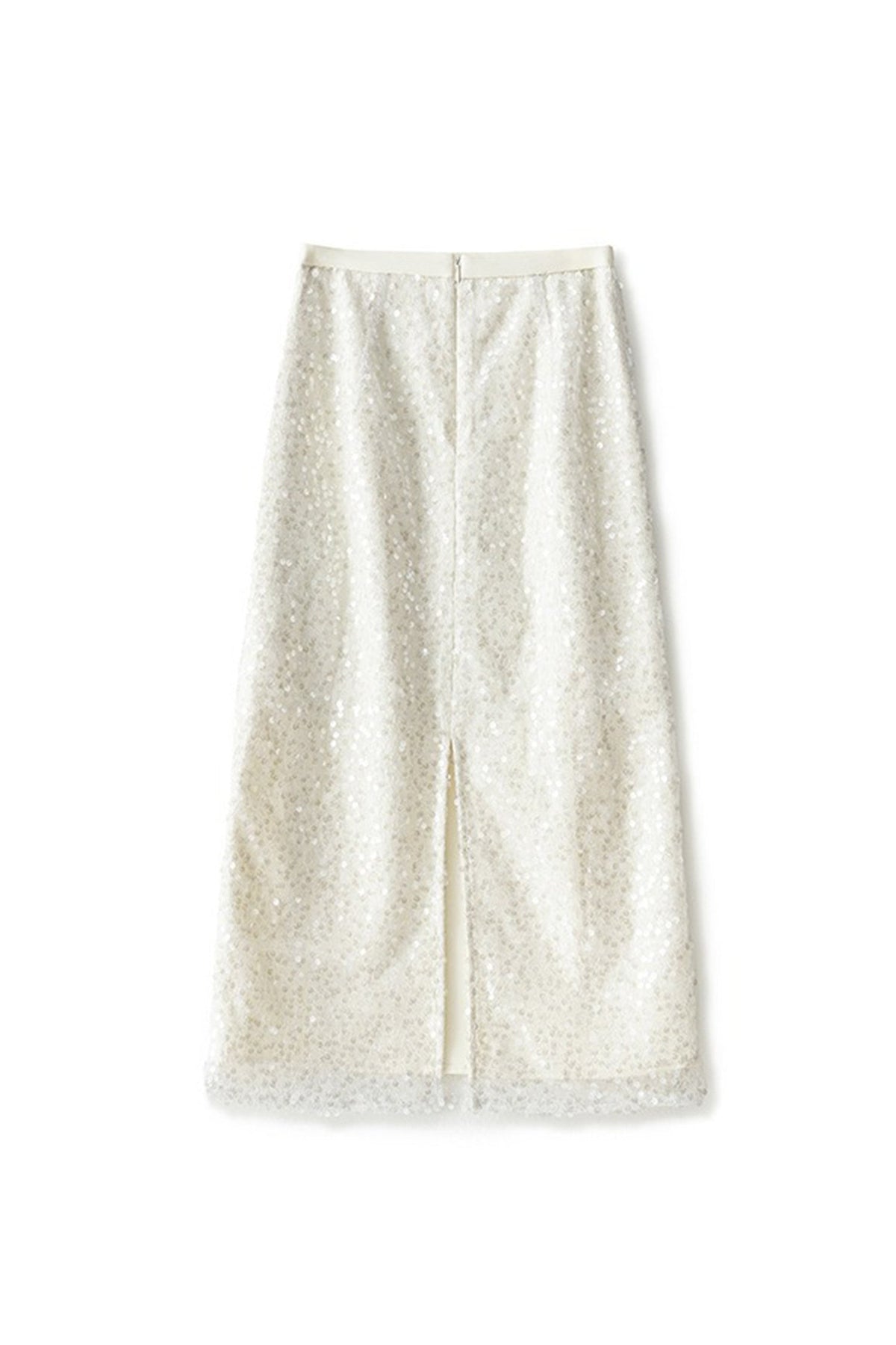 White Lace Sequin Pencil Midi Skirt with Back Slit