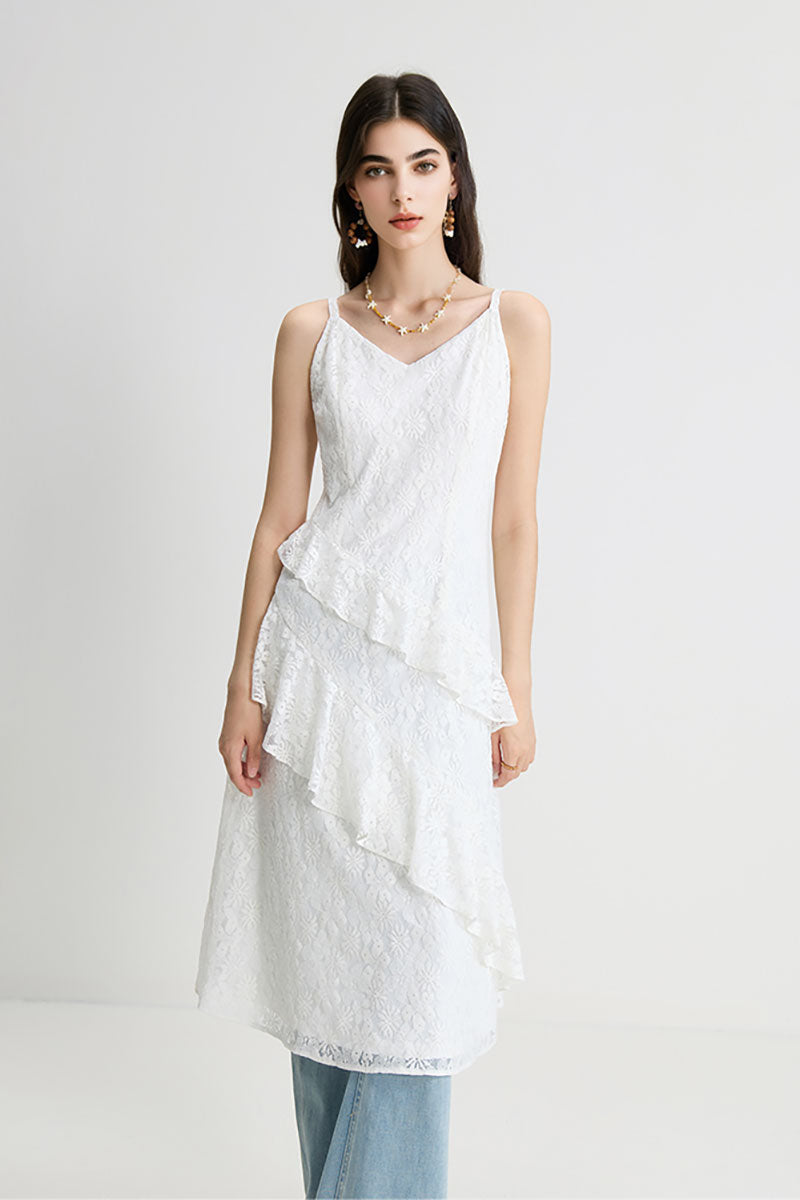 White Lace Tiered Sleeveless V-Neck Midi Dress