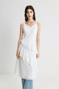 White Lace Tiered Sleeveless V-Neck Midi Dress