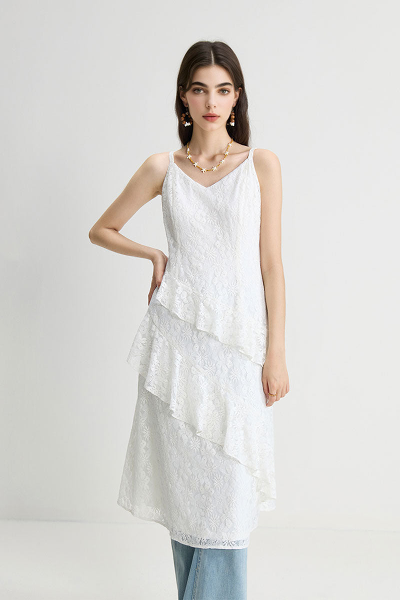 White Lace Tiered Sleeveless V-Neck Midi Dress