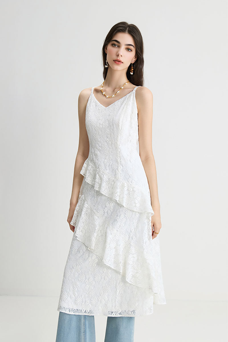 White Lace Tiered Sleeveless V-Neck Midi Dress