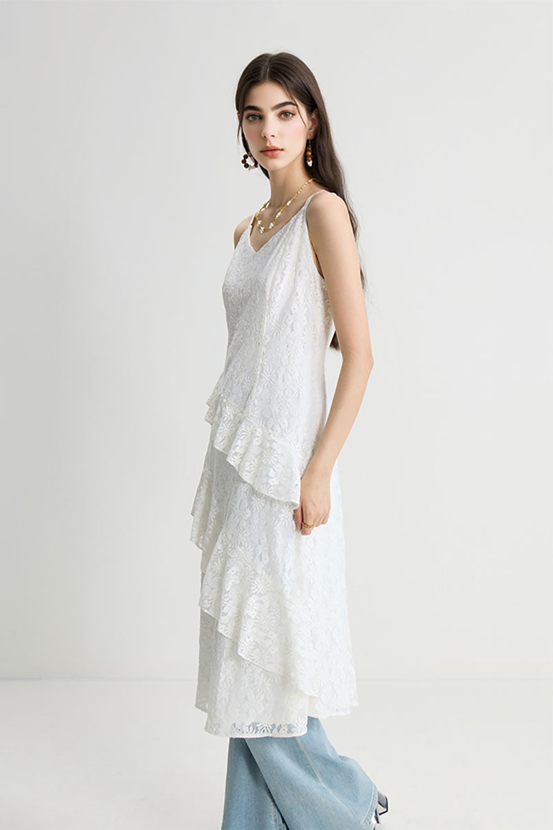 White Lace Tiered Sleeveless V-Neck Midi Dress