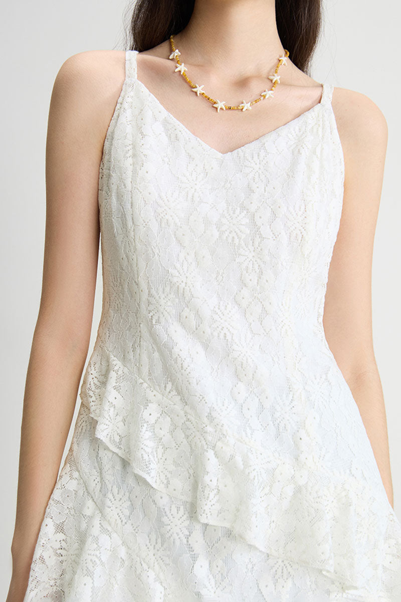White Lace Tiered Sleeveless V-Neck Midi Dress