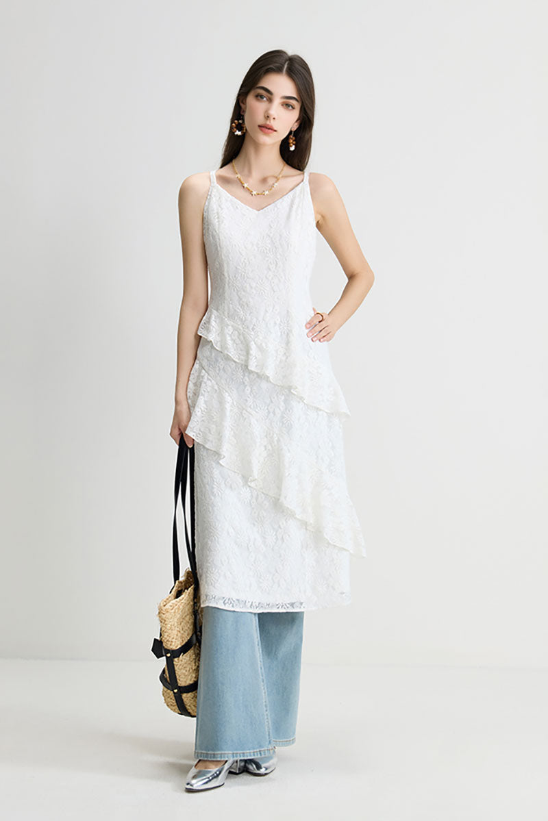White Lace Tiered Sleeveless V-Neck Midi Dress