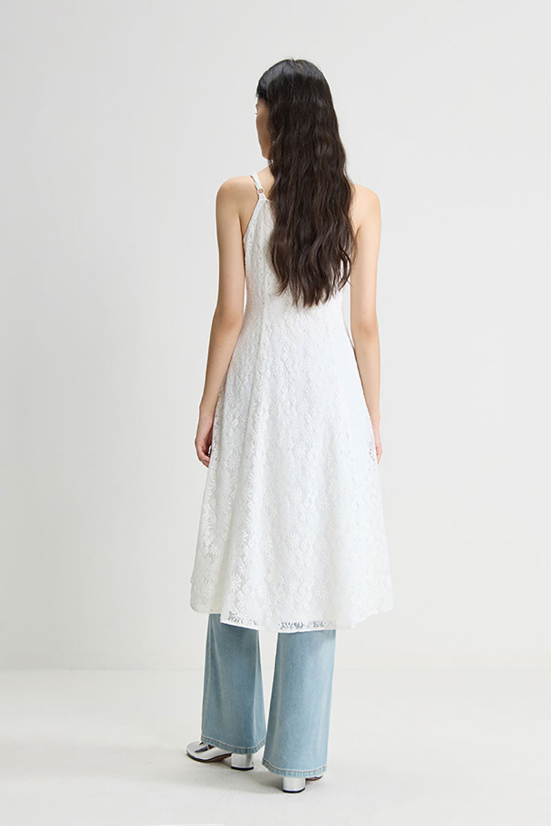 White Lace Tiered Sleeveless V-Neck Midi Dress