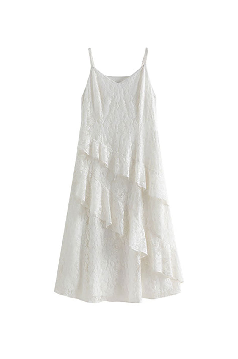 White Lace Tiered Sleeveless V-Neck Midi Dress