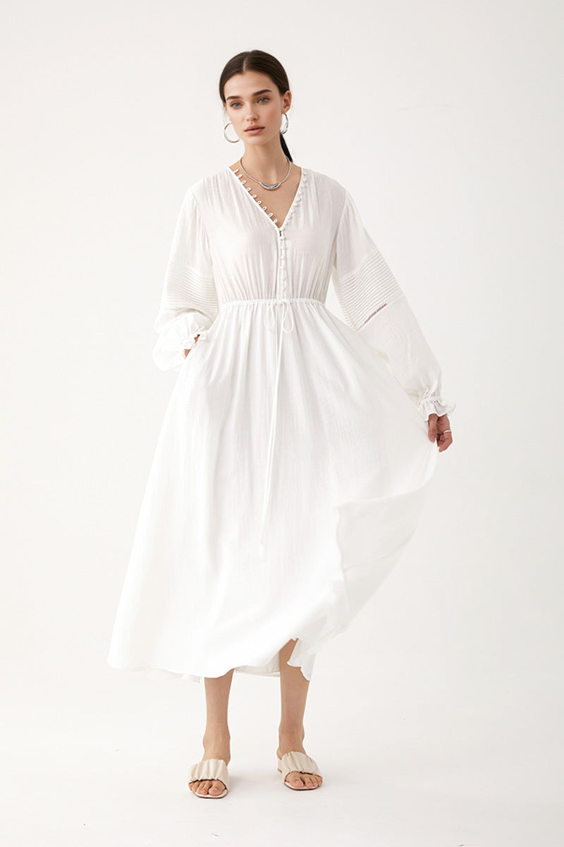 White Lantern-Sleeve V-Neck Midi Dress