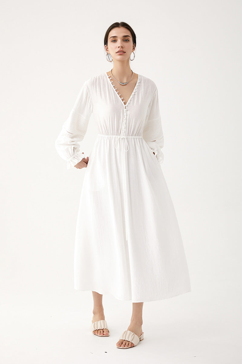 White Lantern-Sleeve V-Neck Midi Dress