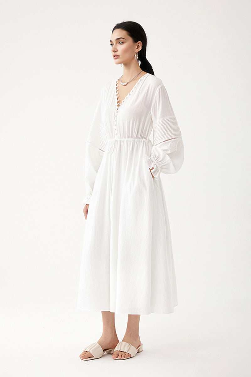 White Lantern-Sleeve V-Neck Midi Dress