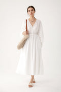 White Lantern-Sleeve V-Neck Midi Dress