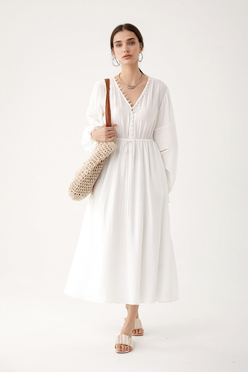 White Lantern-Sleeve V-Neck Midi Dress