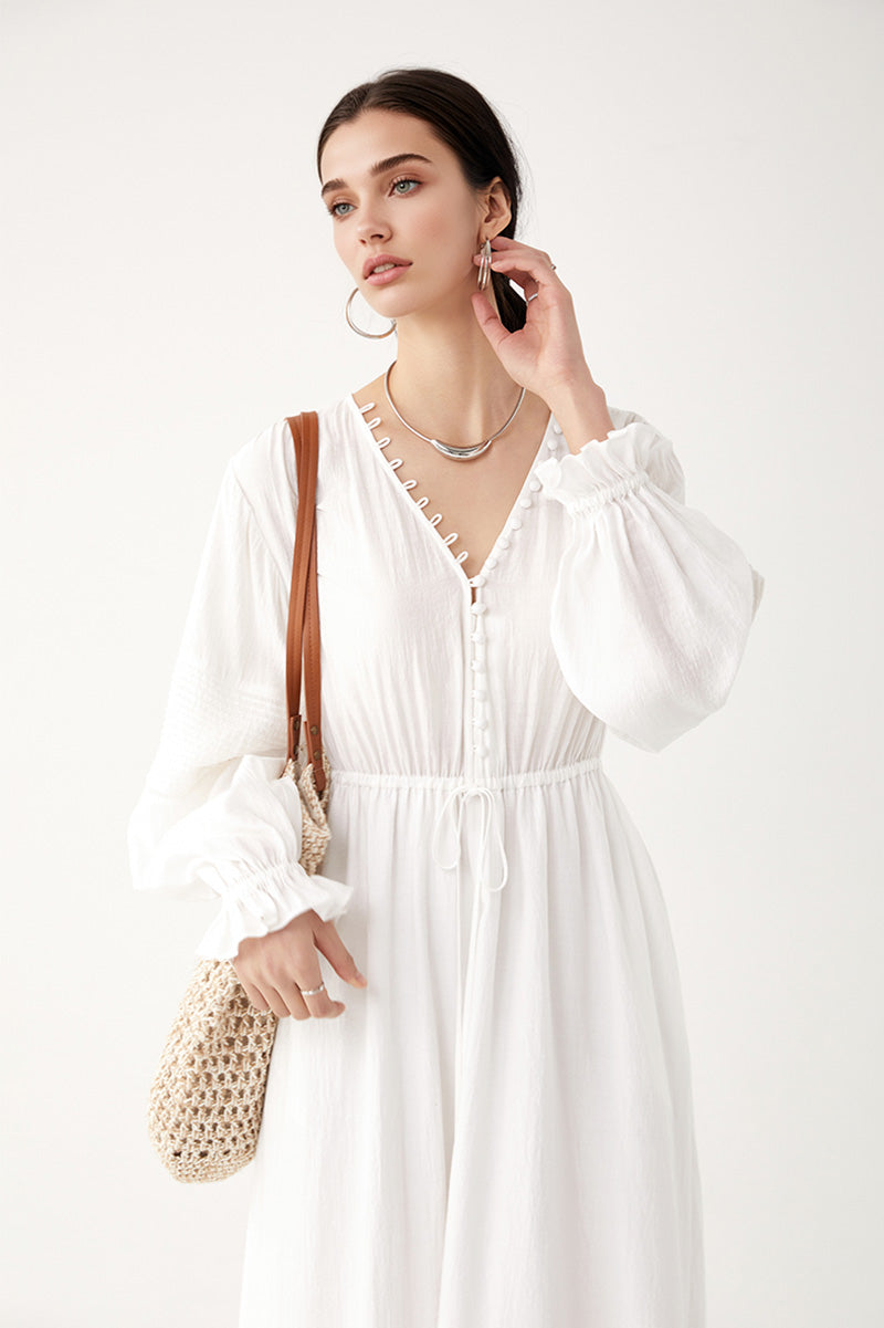 White Lantern-Sleeve V-Neck Midi Dress