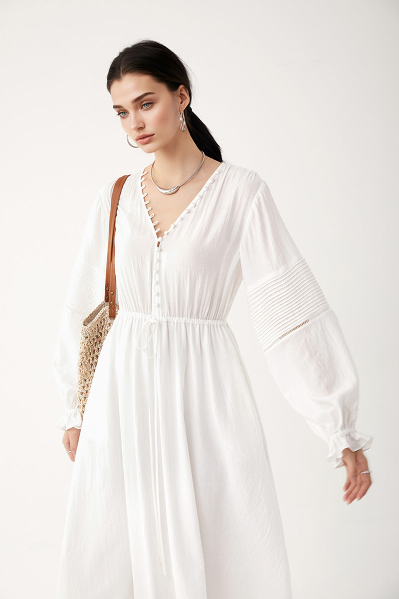 White Lantern-Sleeve V-Neck Midi Dress
