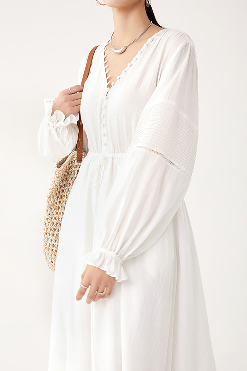 White Lantern-Sleeve V-Neck Midi Dress