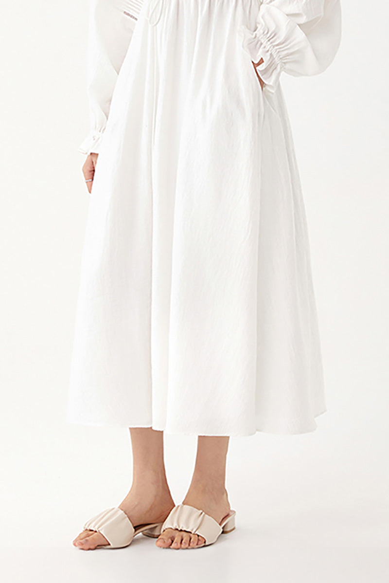 White Lantern-Sleeve V-Neck Midi Dress