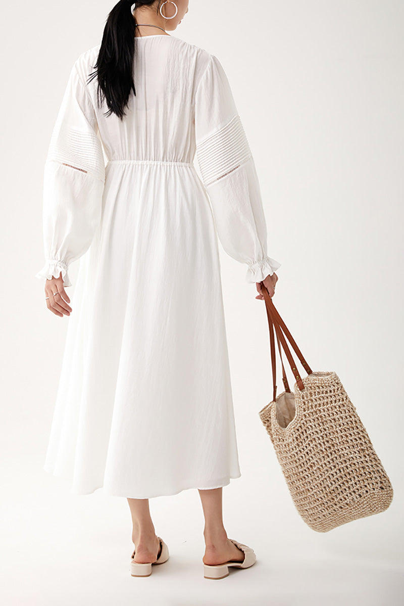 White Lantern-Sleeve V-Neck Midi Dress