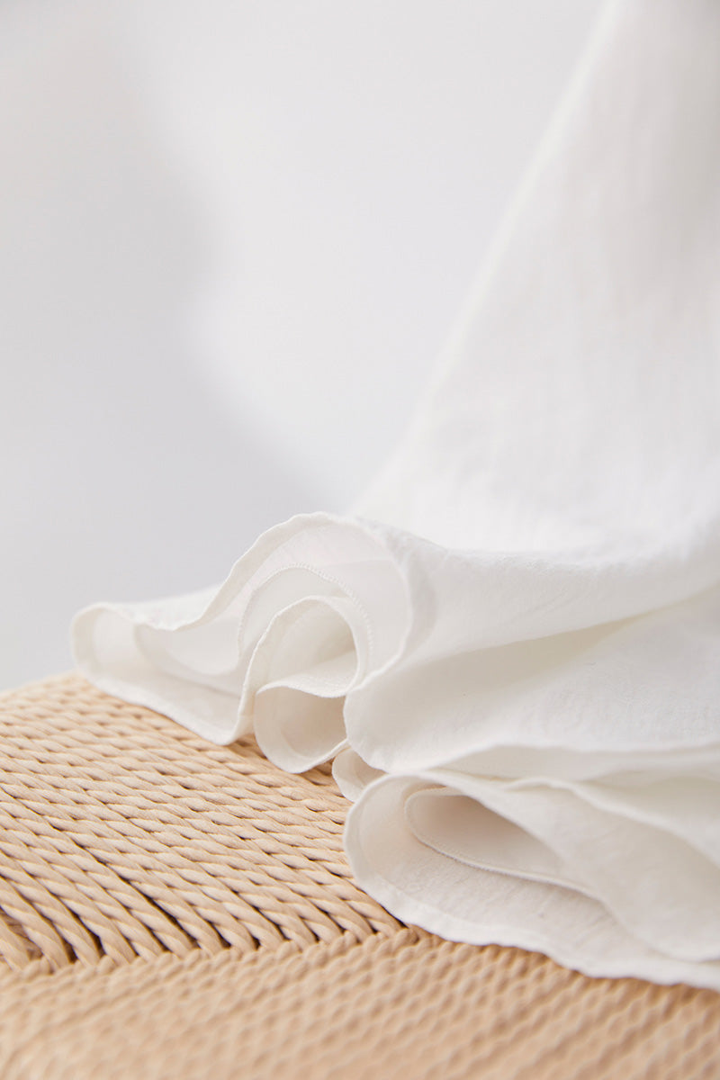 White Lantern-Sleeve V-Neck Midi Dress