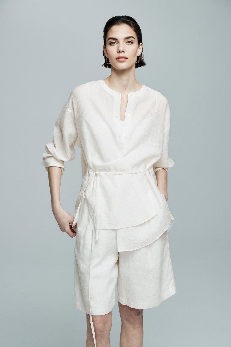White Linen-Blend Collarless Belted Shirt