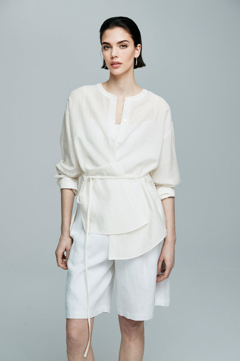 White Linen-Blend Collarless Belted Shirt