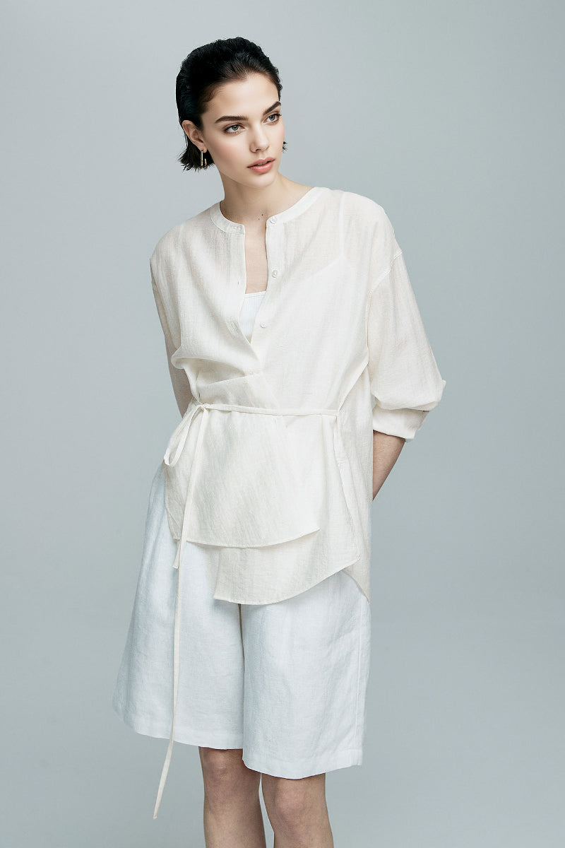 White Linen-Blend Collarless Belted Shirt