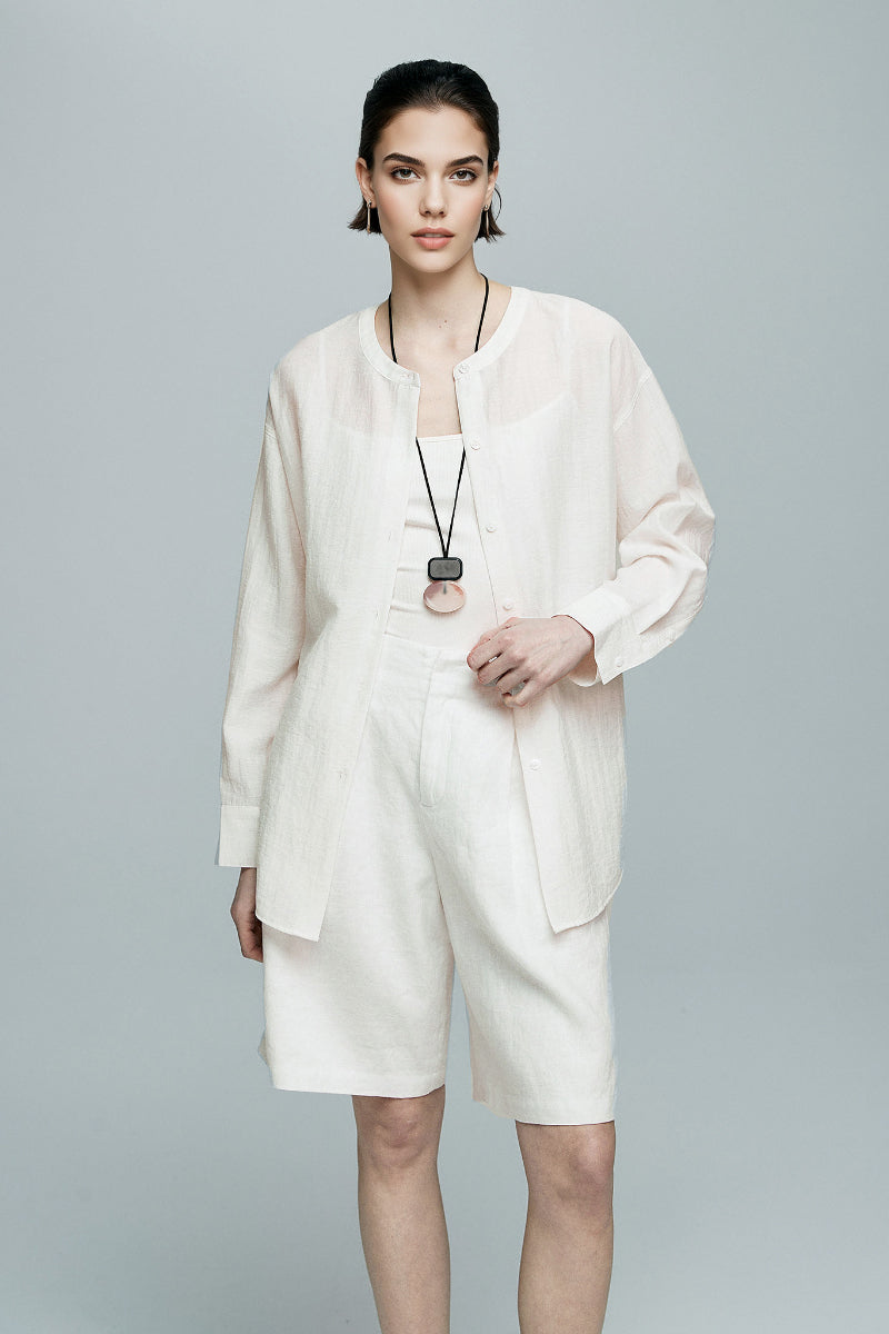 White Linen-Blend Collarless Belted Shirt