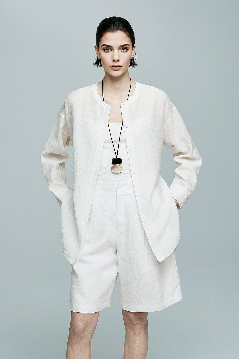 White Linen-Blend Collarless Belted Shirt