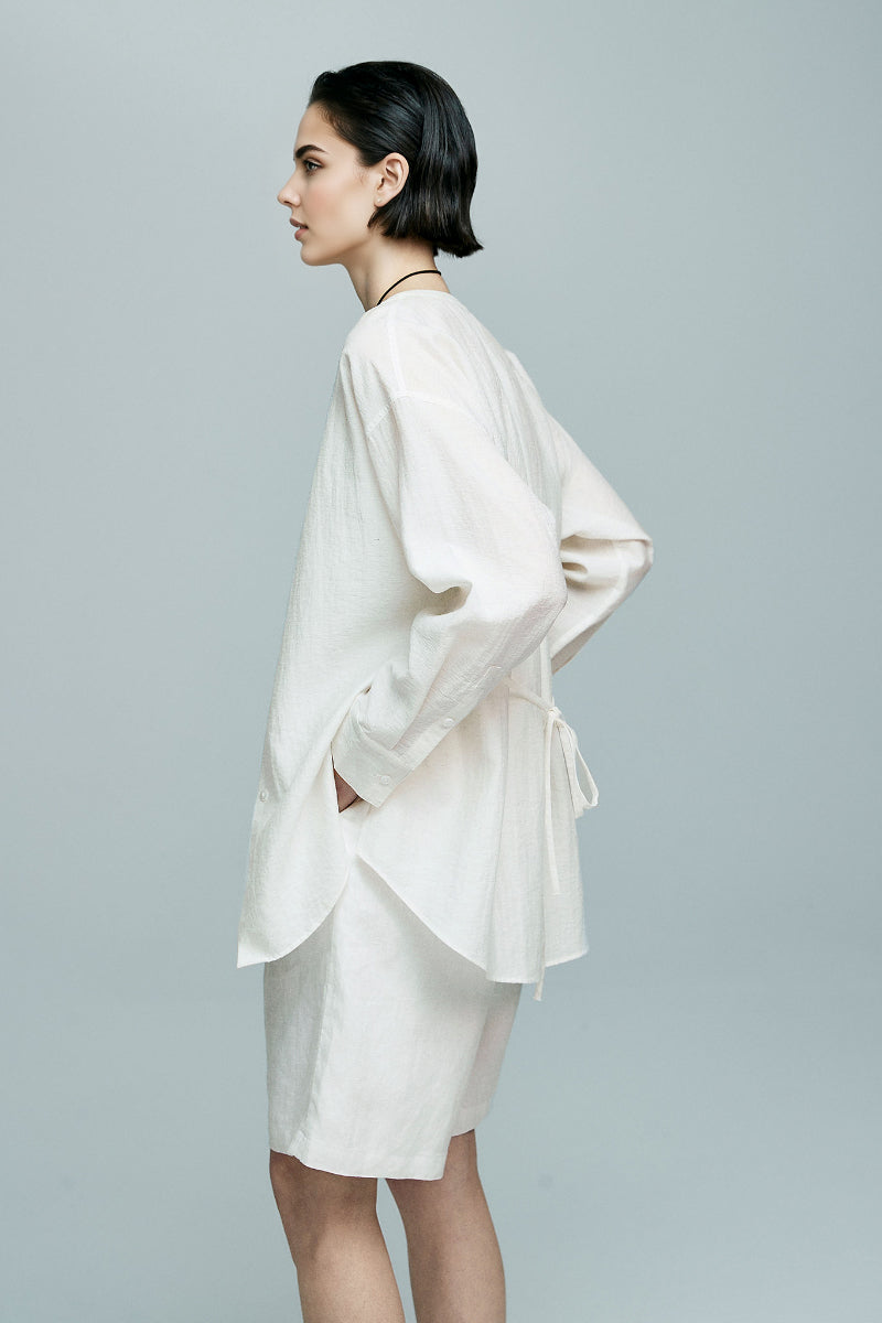 White Linen-Blend Collarless Belted Shirt