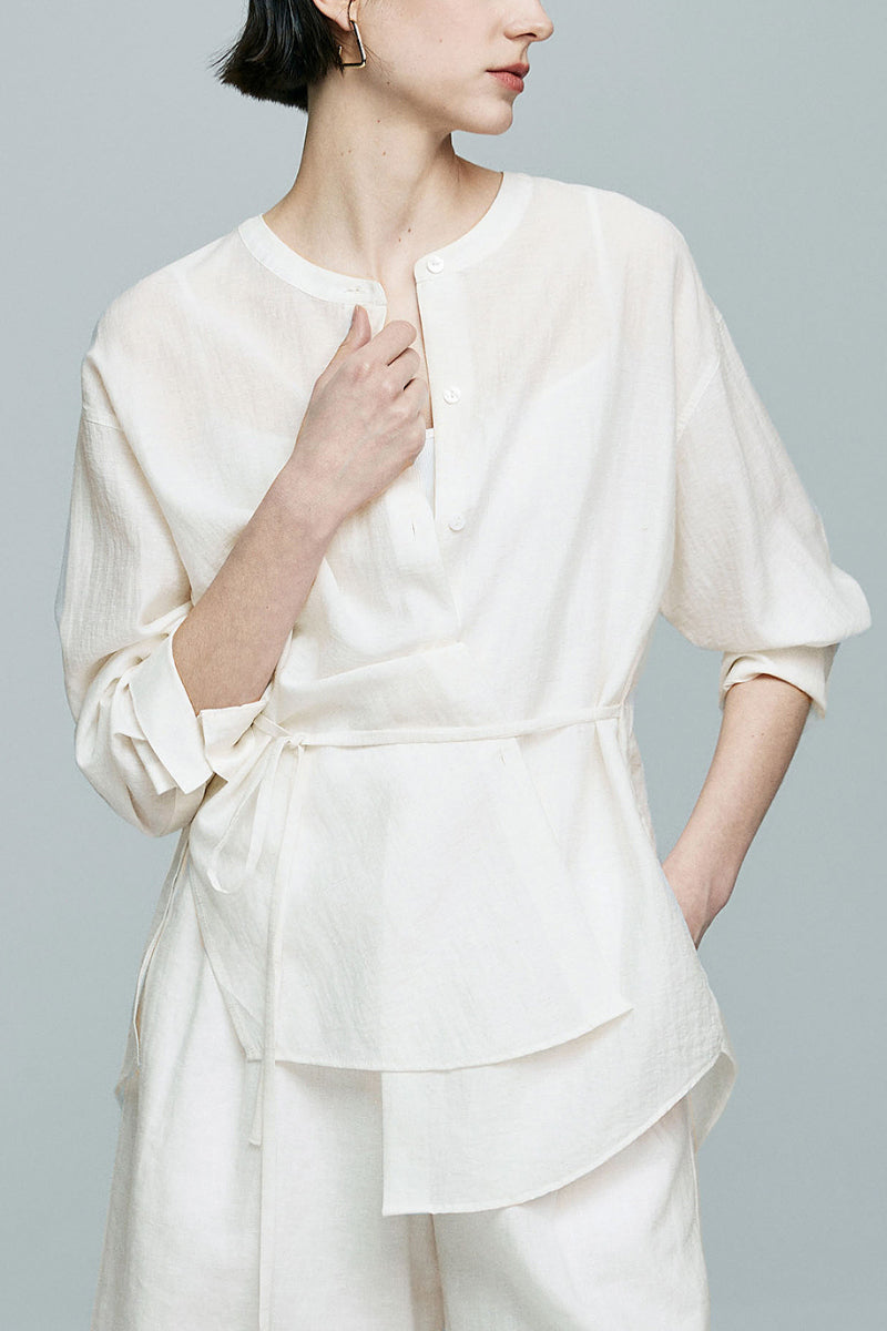 White Linen-Blend Collarless Belted Shirt