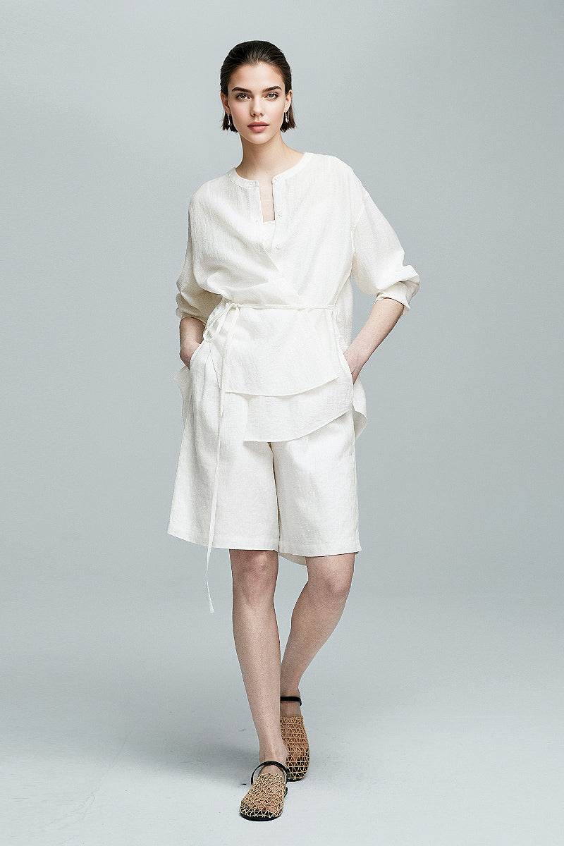White Linen-Blend Collarless Belted Shirt