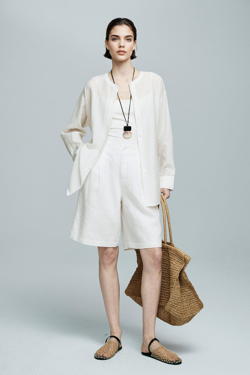 White Linen-Blend Collarless Belted Shirt