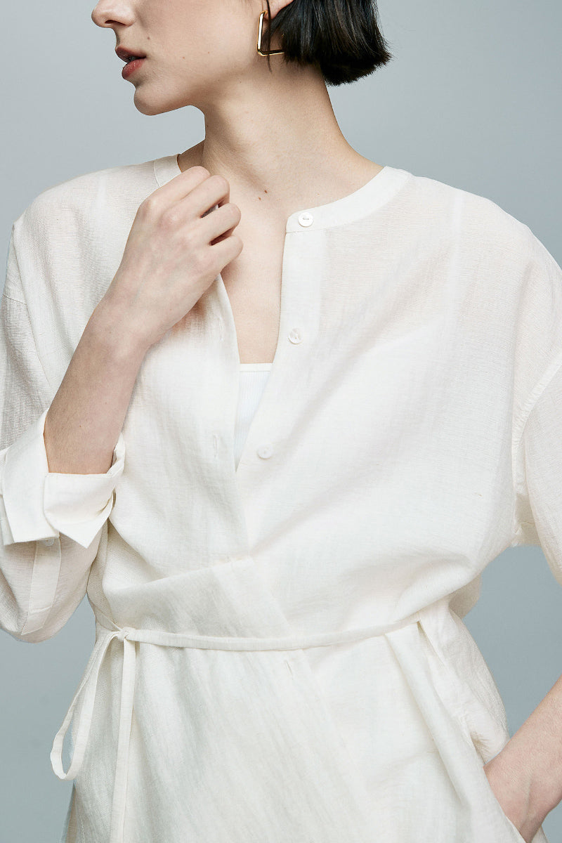White Linen-Blend Collarless Belted Shirt