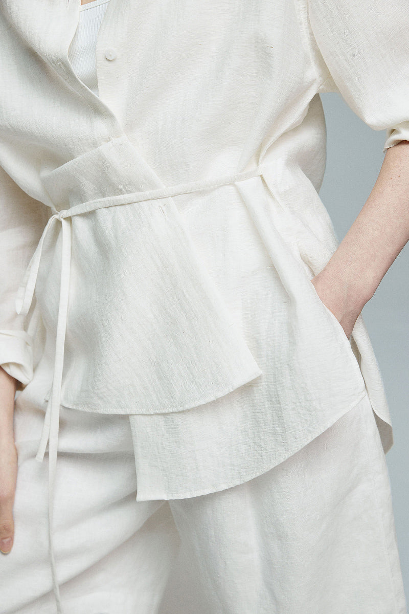 White Linen-Blend Collarless Belted Shirt