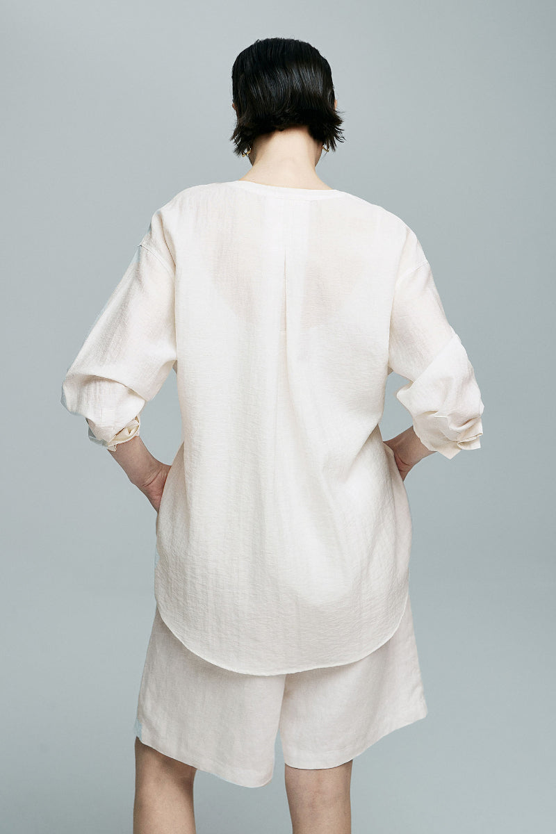 White Linen-Blend Collarless Belted Shirt