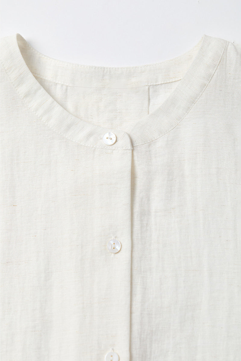 White Linen-Blend Collarless Belted Shirt