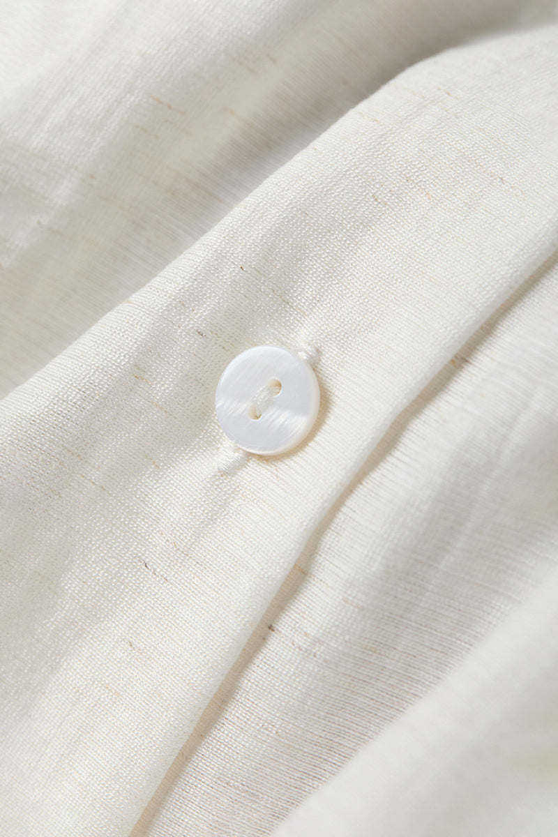White Linen-Blend Collarless Belted Shirt