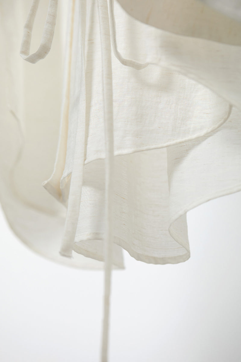 White Linen-Blend Collarless Belted Shirt