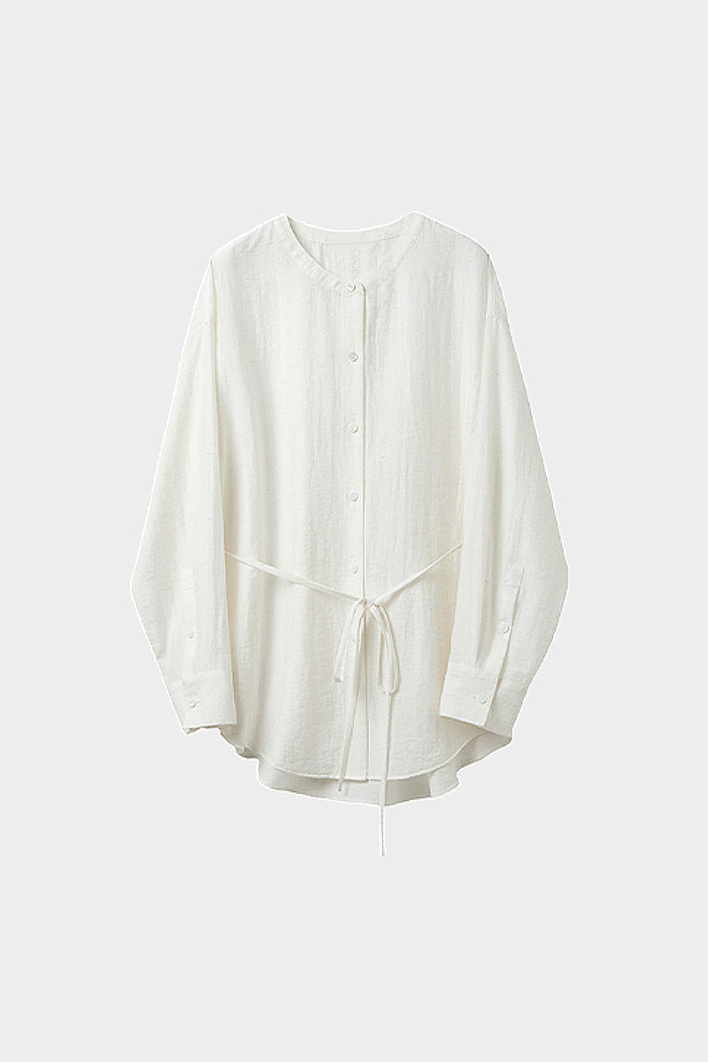 White Linen-Blend Collarless Belted Shirt